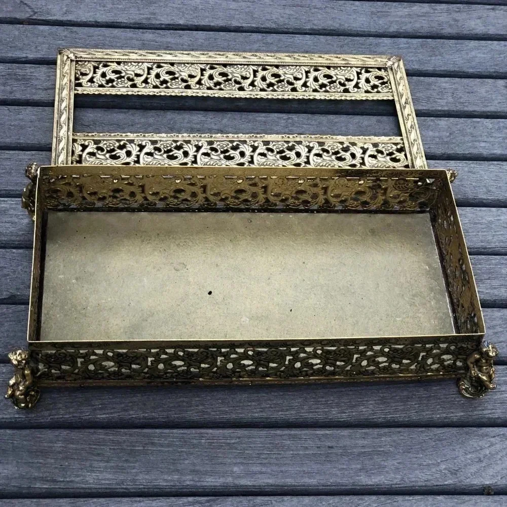 Hollywood Regency Gold Metal Cherub Filagree Tissue Holder